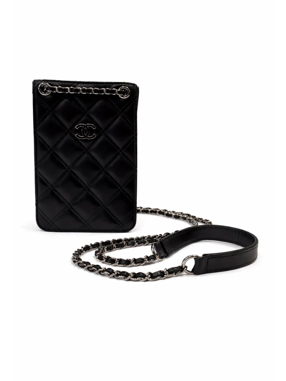 CHANEL Black Quilted Leather wallet on silver Chain with CC Logo
